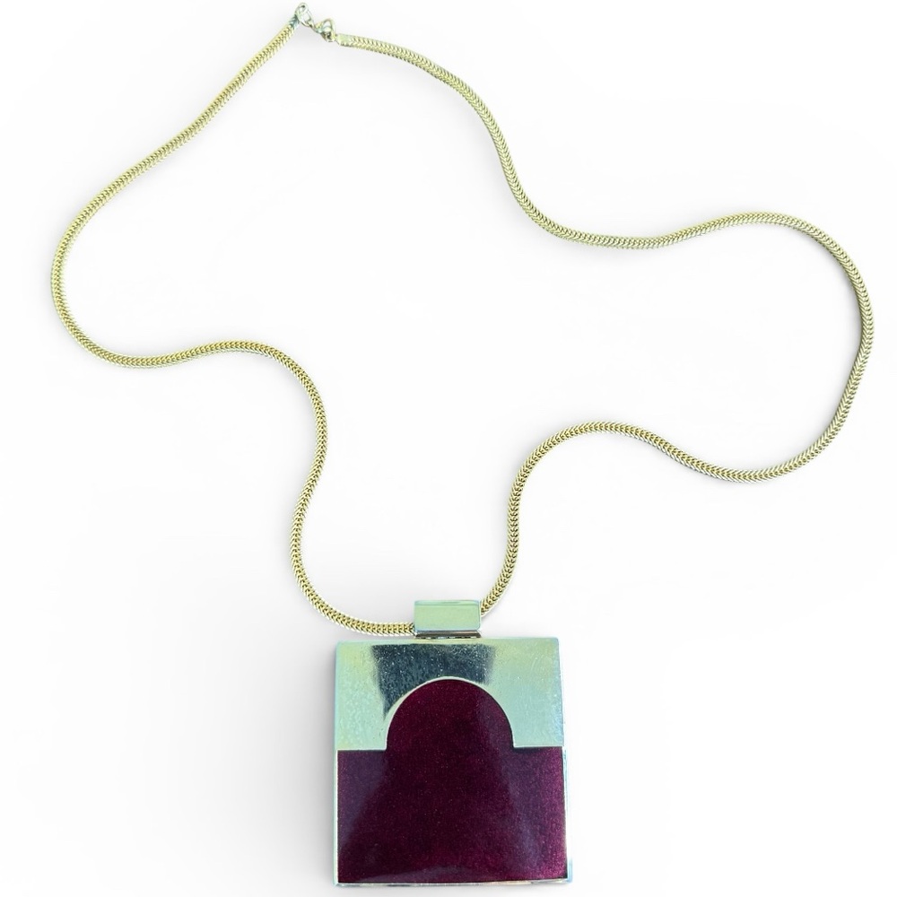 de Passile-Sylvestre Medallion Necklace Burgundy Enamel Gold Tone Square Pendant